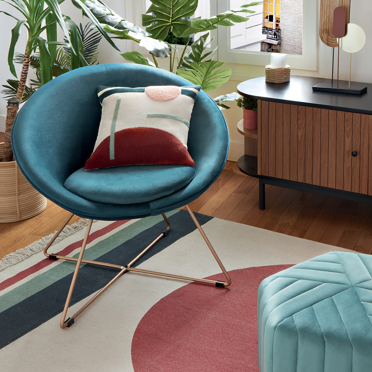 Fauteuil "Evan" velours bleu canard