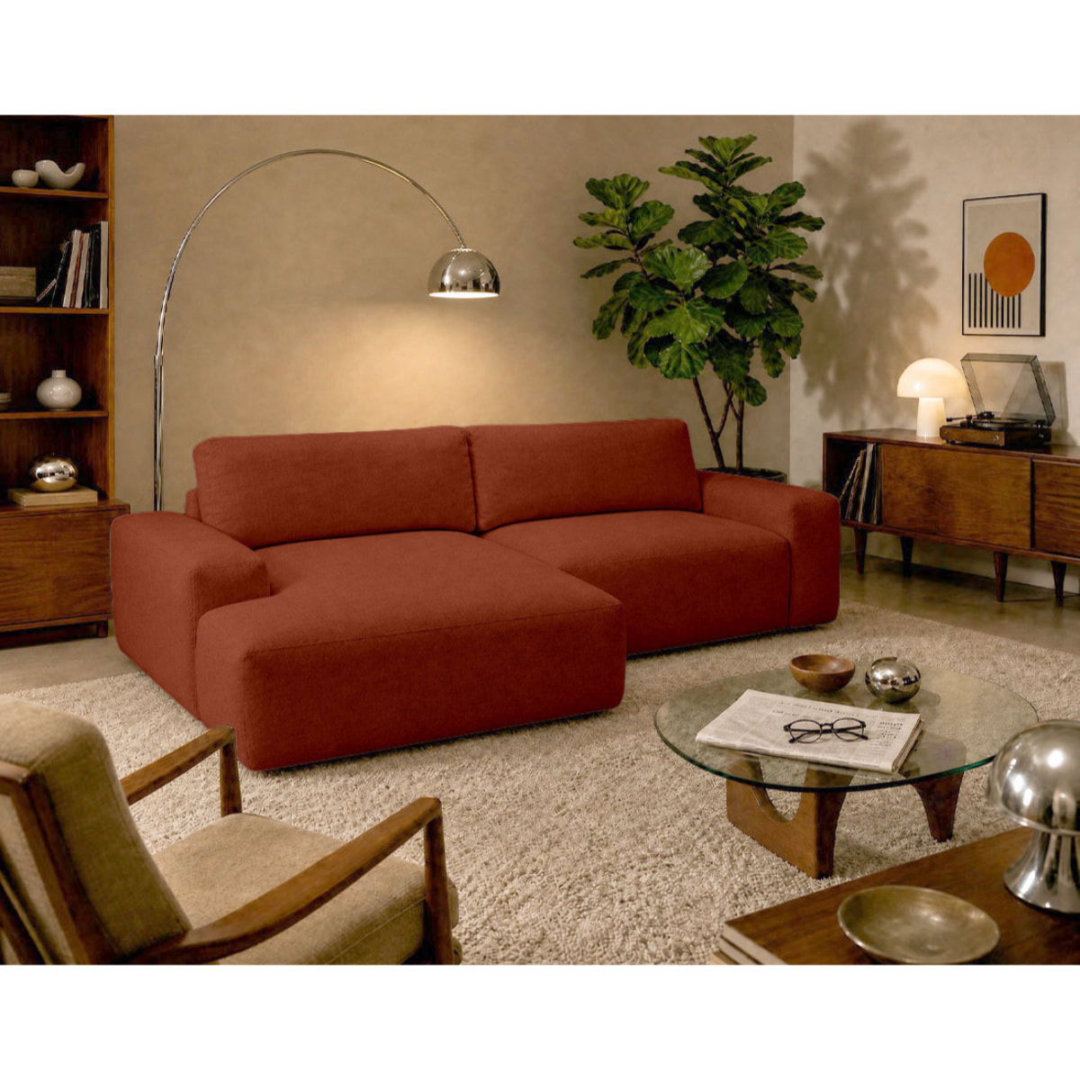 Tama - Canapé d'angle gauche 4 places convertible avec coffre en tissu - Terracotta
