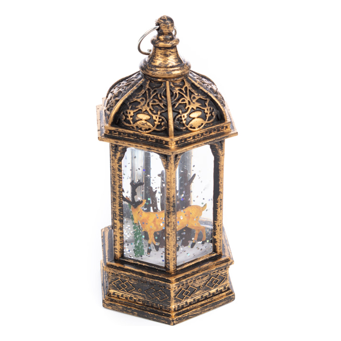 Lanterna di Natale con luce ed effetto neve di 14 cm. Design renna natalizia.