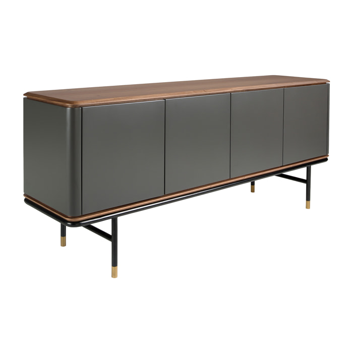 Aparador de madera de MDF en gris oscuro mate y patas de acero inoxidable negro 180x45x79cm