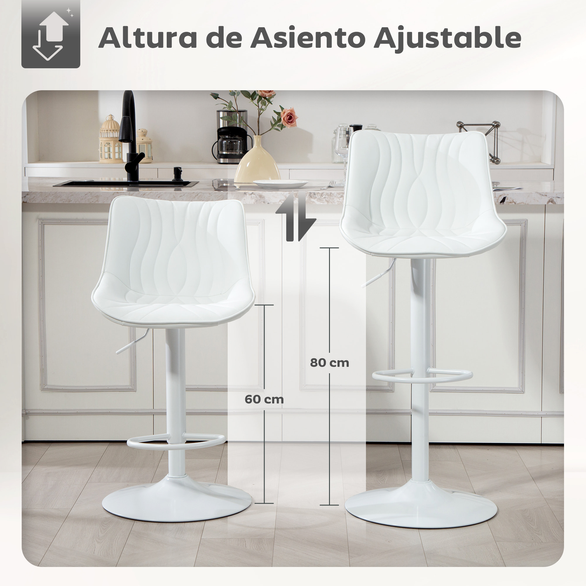 Juego de 2 Taburetes de Bar Taburetes Altos de Cocina Giratorios con Altura Ajustable 92-110 cm Respaldo Asiento de Piel Sintética Marco de Acero y Reposapiés para Comedor Mostrador Blanco