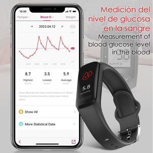 Bracciale intelligente TK30 con misuratore di temperatura corporea, multisport, frequenza cardiaca e pressione arteriosa.