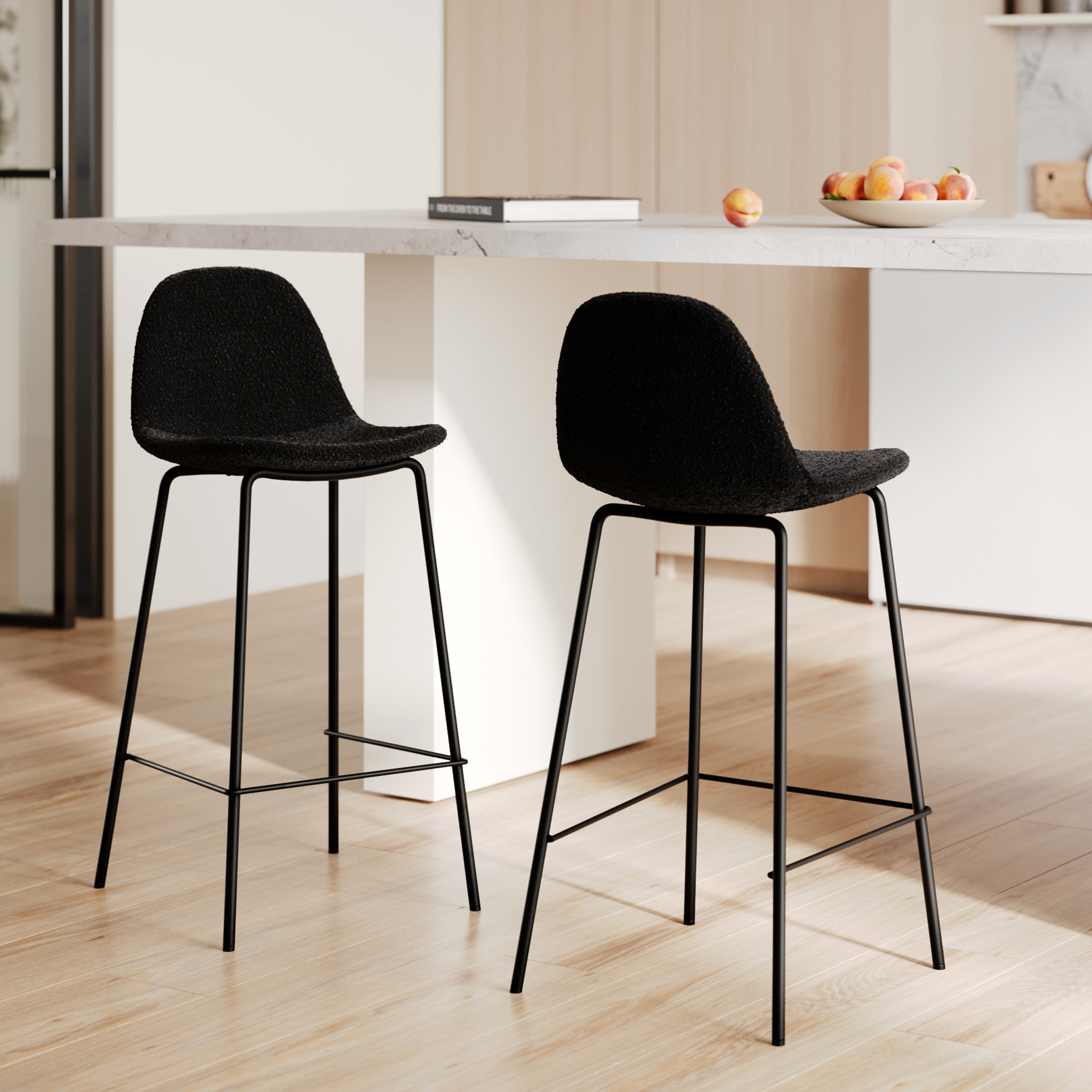 Lot de 2 chaises pour îlot central 65.5 cm en tissu bouclette noir - Henrik