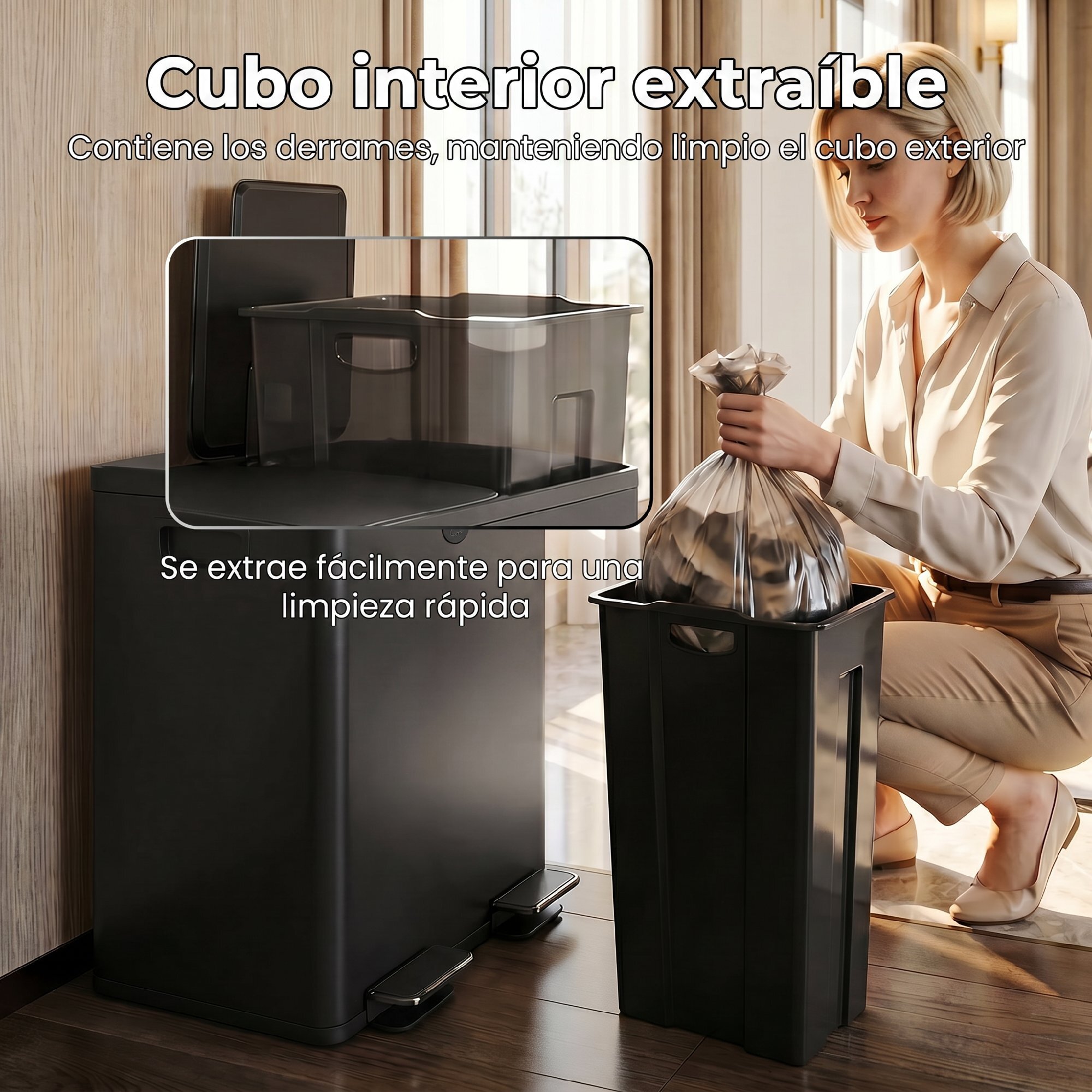 Cubo de Basura de Cocina con 2 Compartimentos 2x20L Papelera Cocina de Acero Inoxidable con Pedal Tapas de Cierre Suave y Cubo Extraíble para Reciclaje Residuos Restos de Comida Negro