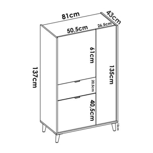 Credenza Duan, Buffet dispensa da soggiorno, Madia moderna da salotto a 3 ante, 81x43h137 cm, Bianco e Rovere