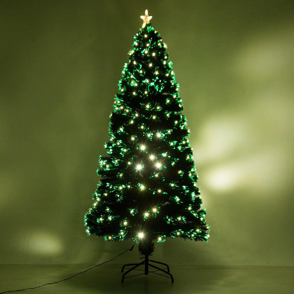 Sapin de Noël artificiel lumineux fibre optique LED multimode multicolore + support pied Ø 82 x 180H cm 230 branches étoile sommet brillante vert