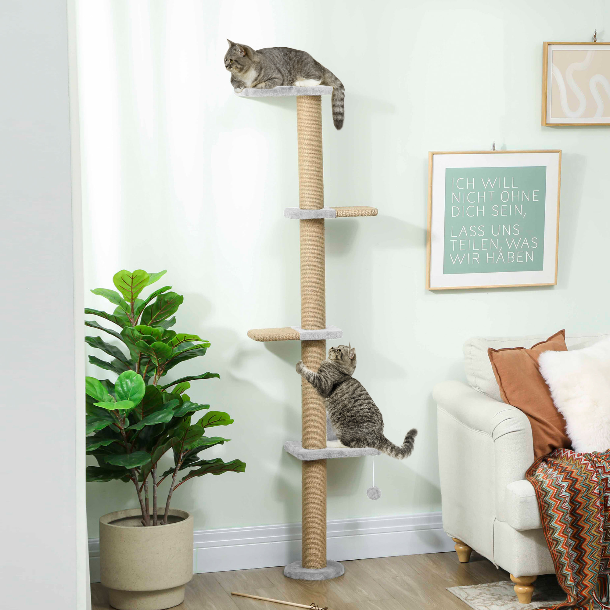 Arbre à chat mural 4 plateformes griffoirs grattoirs boule - 48x21x180cm - gris clair