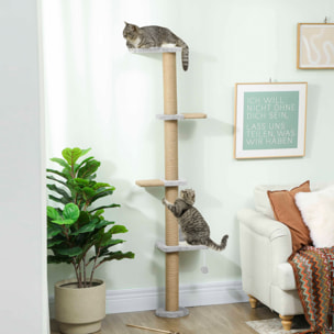 Arbre à chat mural 4 plateformes griffoirs grattoirs boule - 48x21x180cm - gris clair
