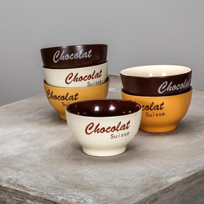 Lot de 6 bols en grès 3 couleurs assorties 14cm CHOCOLAT SUISSE
