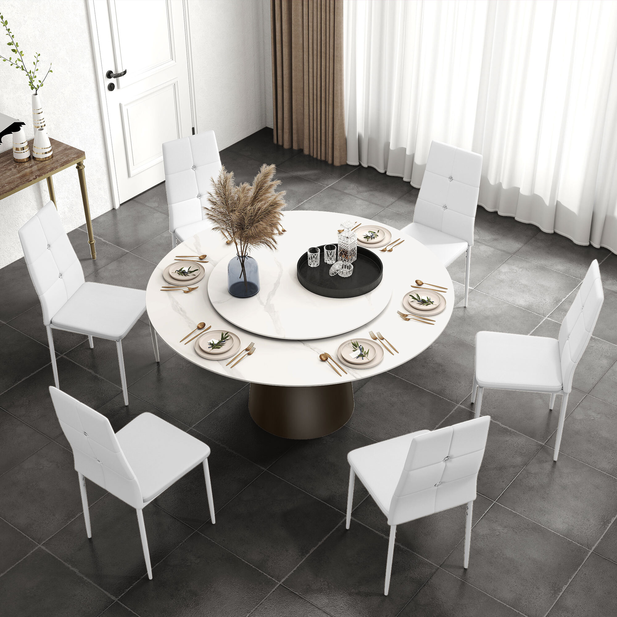 Juego de 6 Sillas de Comedor Tapizada en PU Sillas de Cocina con Respaldo Alto con Botones y Patas de Acero Diseño Moderno para Salón Dormitorio Blanco