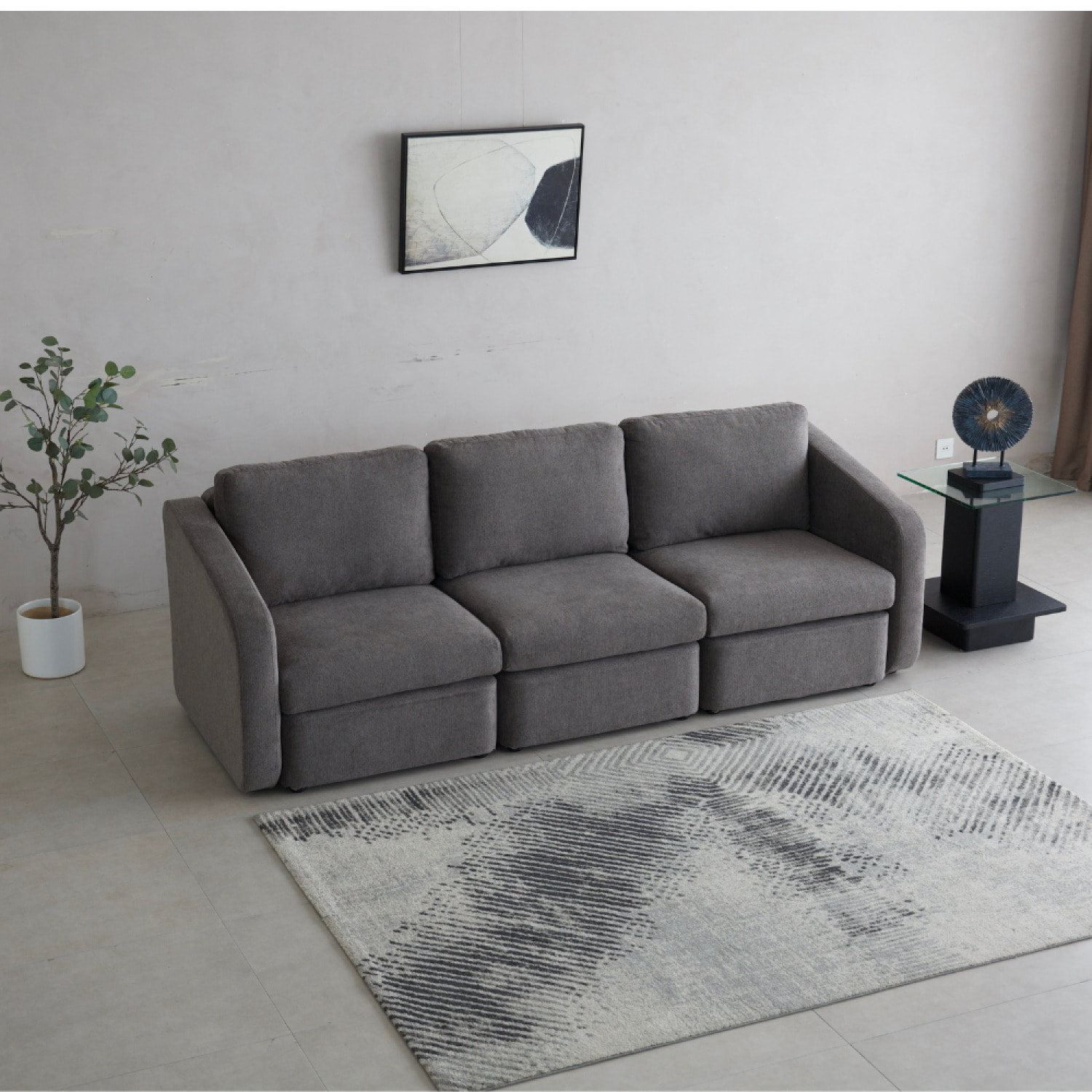 GALEGO Canapé modulable 3 places gris foncé avec pouf