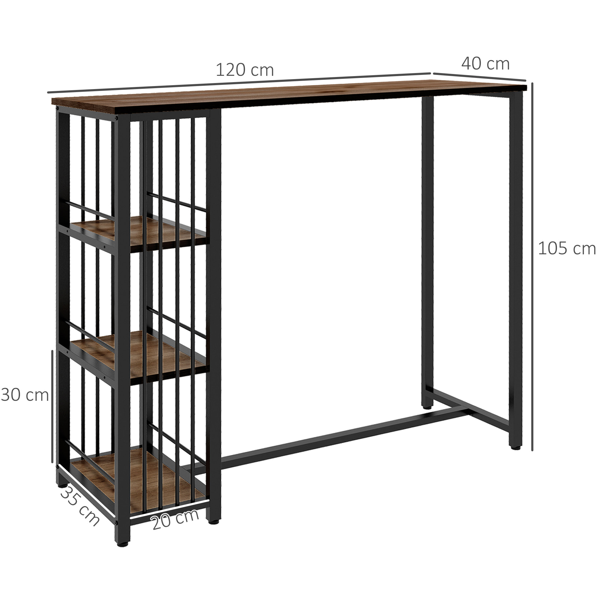 Mesa Alta Cocina con 3 Estantes, Mesa Alta Bar Rectangular para 2 Personas, Patas de Acero, para Salón, Comedor, 120x40x105 cm, Marrón y Negro