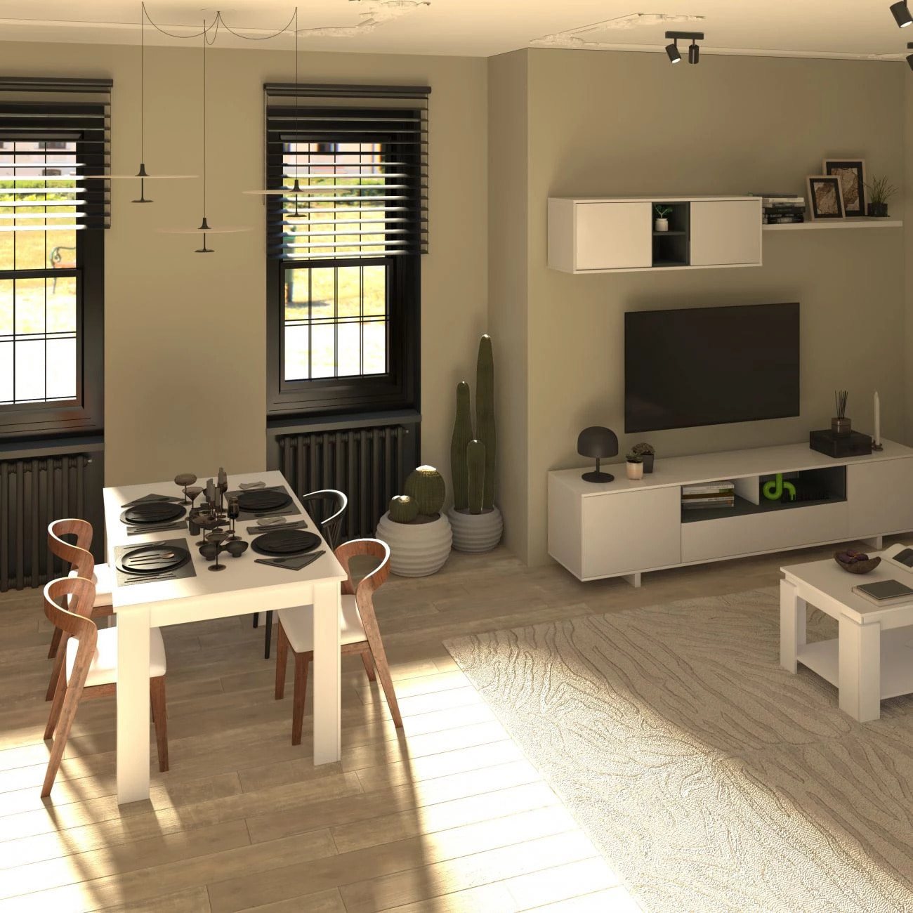 Pack salón con mesa de comedor Kenzo Plus VA Blanco Brillo - Gris Antracita