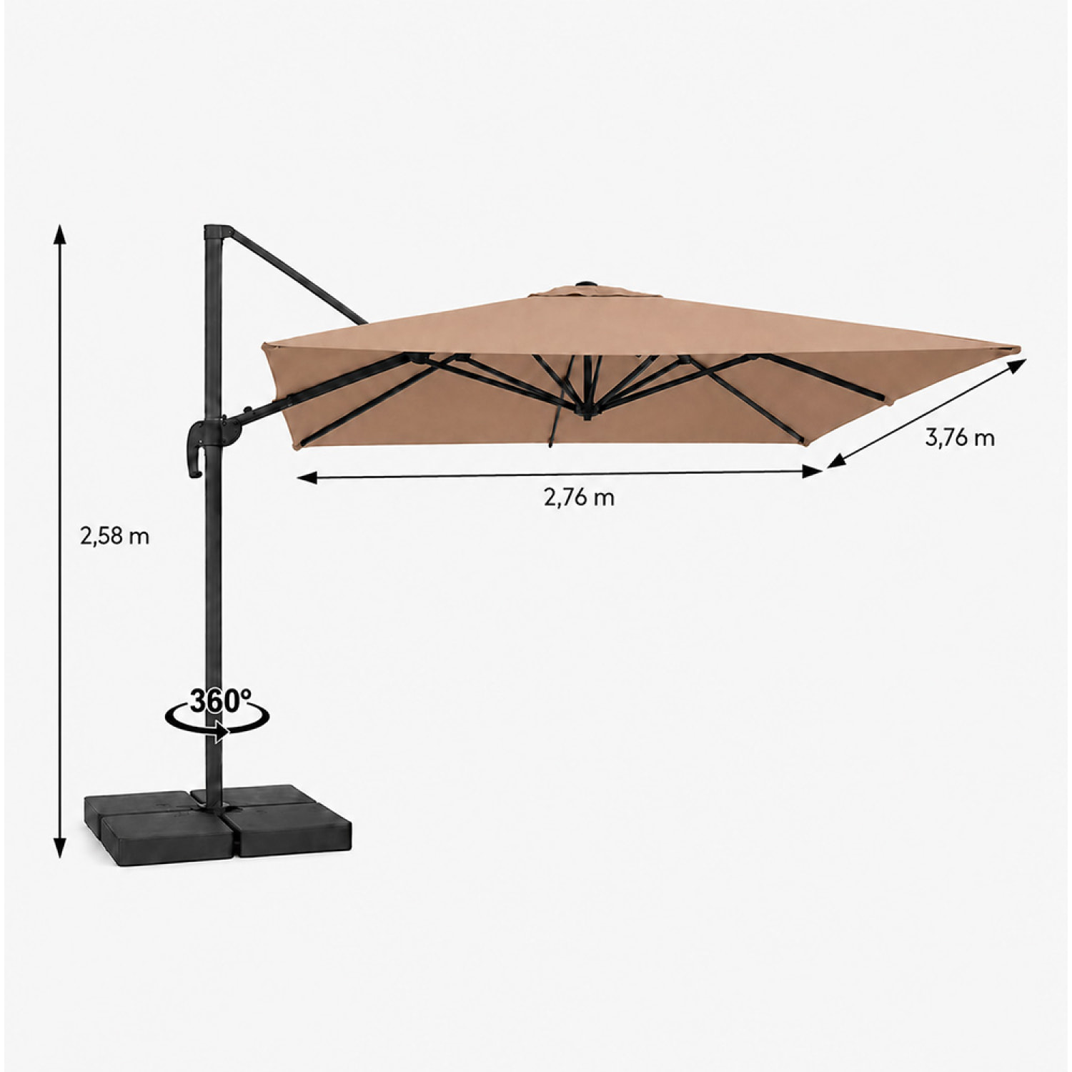 Parasol rectangulaire 3x4 déporté rotatif taupe en aluminium GHAZIE