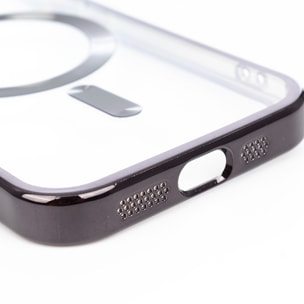 Carcasa transparente con cámara cubierta, bordes negros, antichoque y antihuellas. Magsafe para iPhone 16.