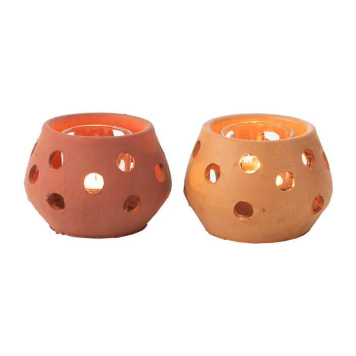 J-Line bougeoir Gaia Rond - céramique/verre - rouge/brun - 2 pcs