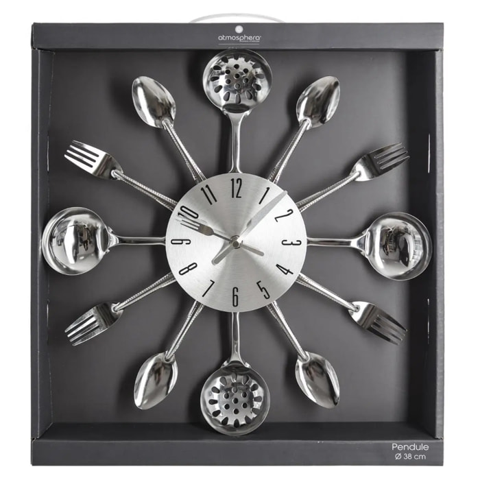 Horloge "Ustensiles" en métal argent D38cm