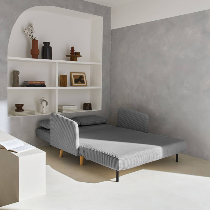 Canapé convertible en velours côtelé - Panam - 2 places scandinave. pieds bois. gris clair. banquette. dossier inclinable