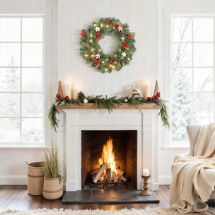 Couronne de Noël lumineuse LED décorée dia. 60 cm 50 LEDs blanc chaud timer vert