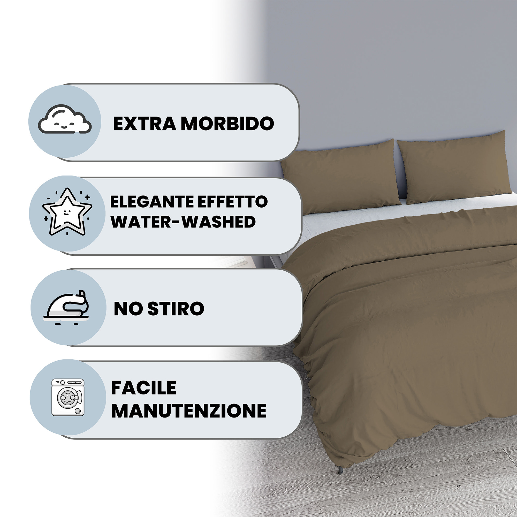 PARURE COPRIPIUMINO WATER WASHED, 100% Microfibra, No Stiro - NOCCIOLA