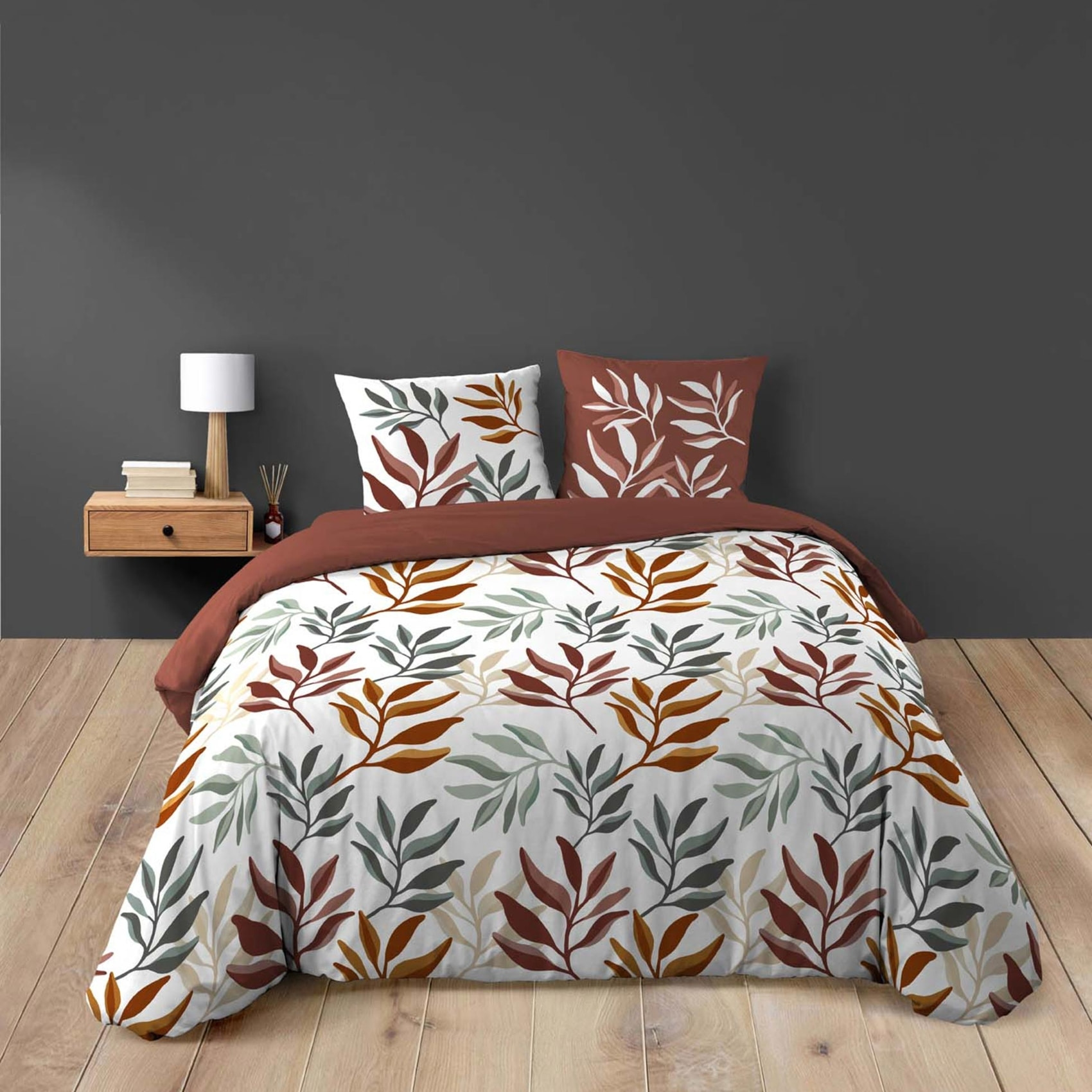 Parure de lit 3 pièces 100 % coton imprimé à motif végétal housse + taies - Rouge