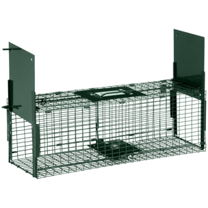 Piège de capture pour petits animaux type lapin rat - 2 entrées + poignée - dim. 60L x 18l x 20H cm - métal vert