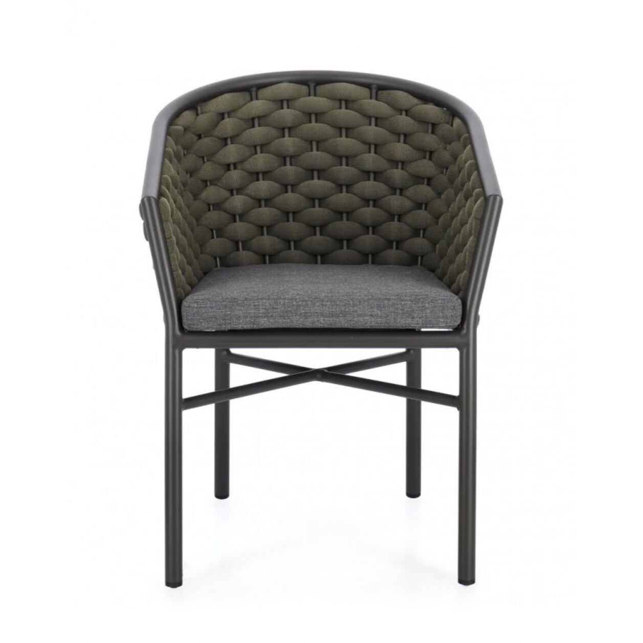 Set di 4 poltroncine MARGALIDA in alluminio antracite con intreccio in corda verde, con braccioli
