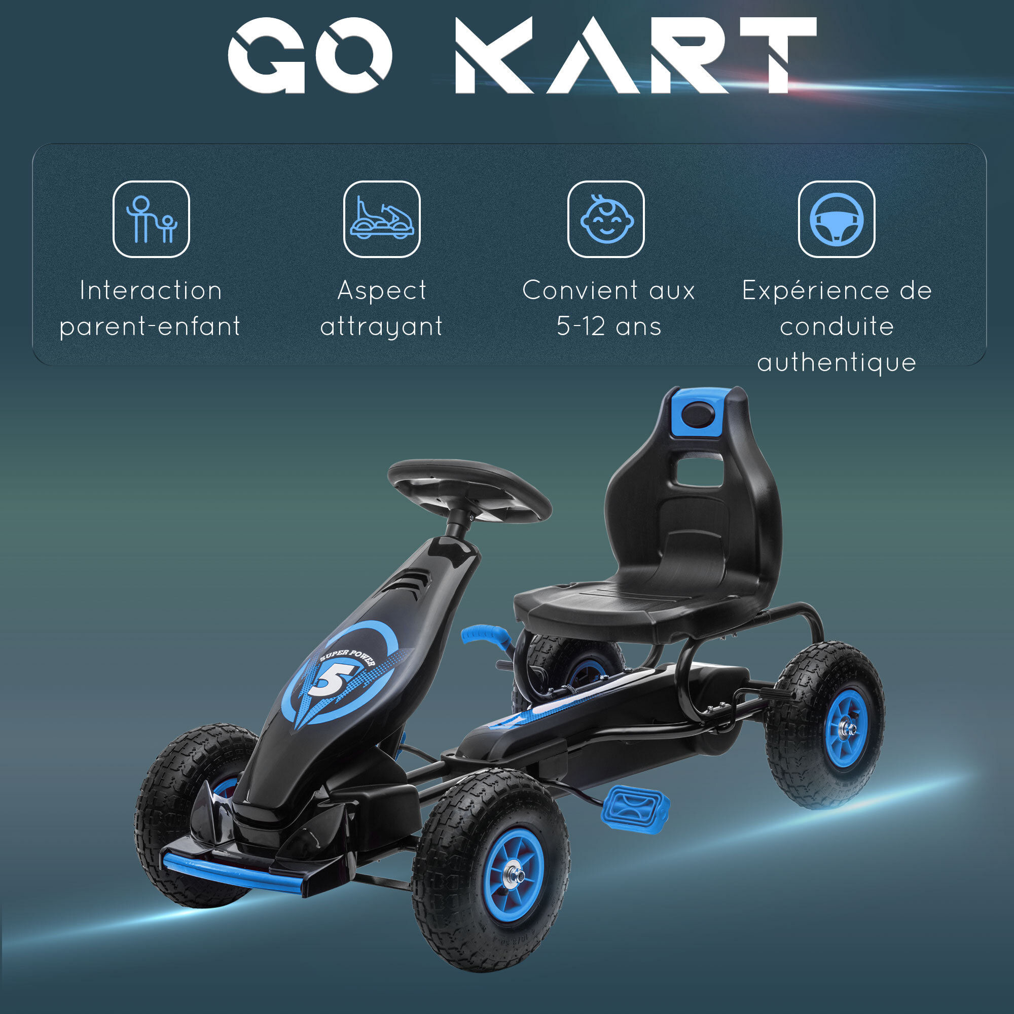 Kart à pédales enfant Go kart Formule 1 Racing Super Power 5 aileron avant pneus gonflables caoutchouc noir bleu