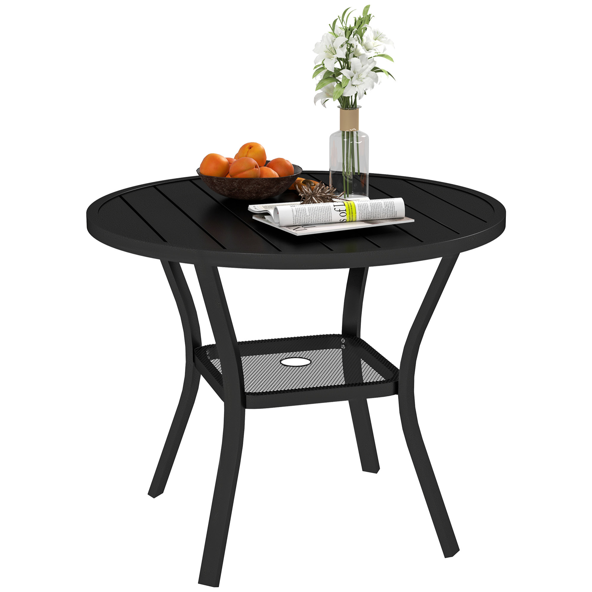 Mesa de Jardín Exterior con Orificio para Sombrilla Mesa de Comedor Exterior Redonda con Encimera de Metal Estante Inferior y Estructura de Acero para Patio Terraza Ø90x73 cm Negro