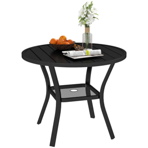 Mesa de Jardín Exterior con Orificio para Sombrilla Mesa de Comedor Exterior Redonda con Encimera de Metal Estante Inferior y Estructura de Acero para Patio Terraza Ø90x73 cm Negro