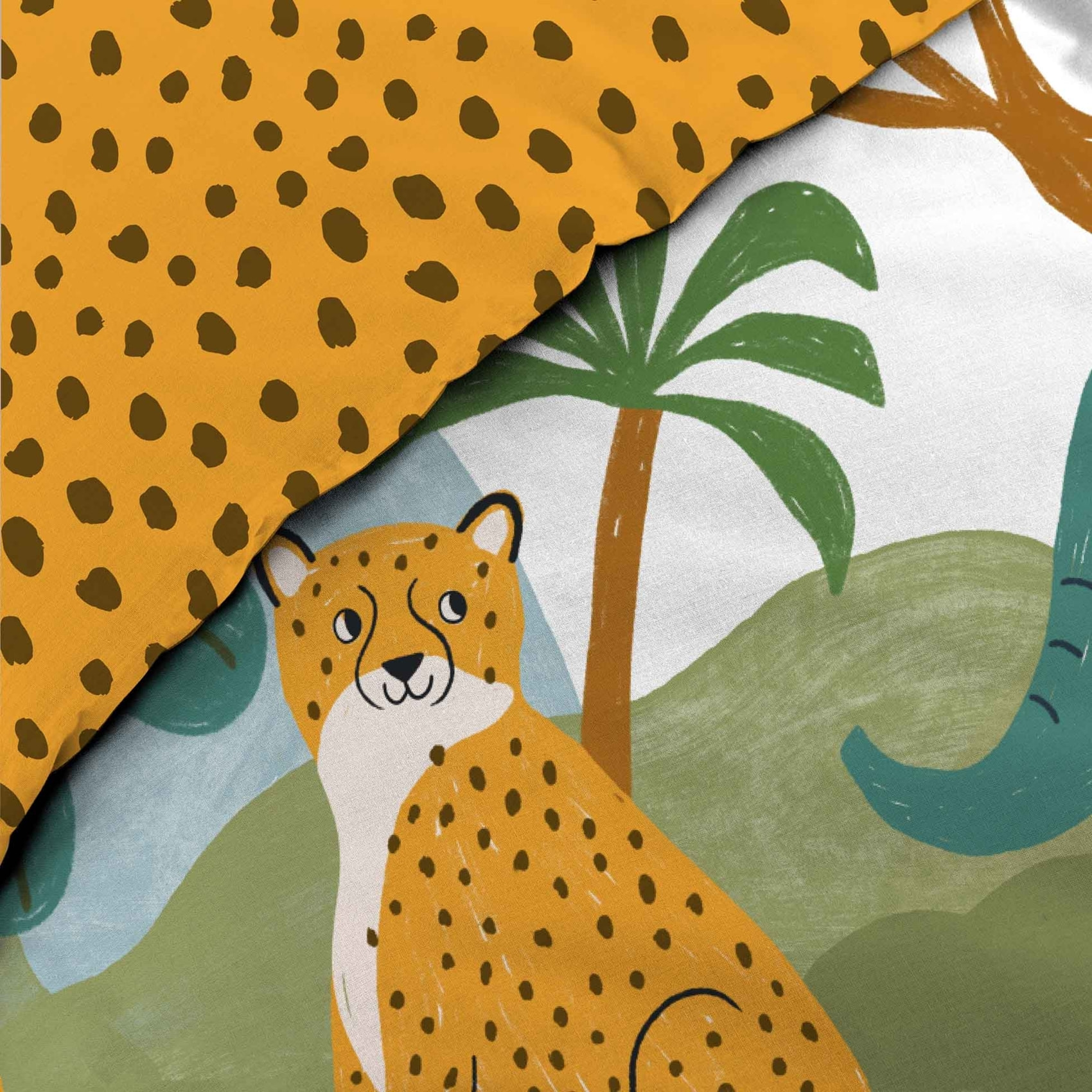 Parure de lit enfant 2 pièces 100 % coton imprimé animaux de la jungle housse + taie - Jaune