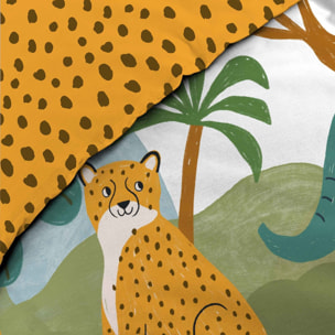 Parure de lit enfant 2 pièces 100 % coton imprimé animaux de la jungle housse + taie - Jaune
