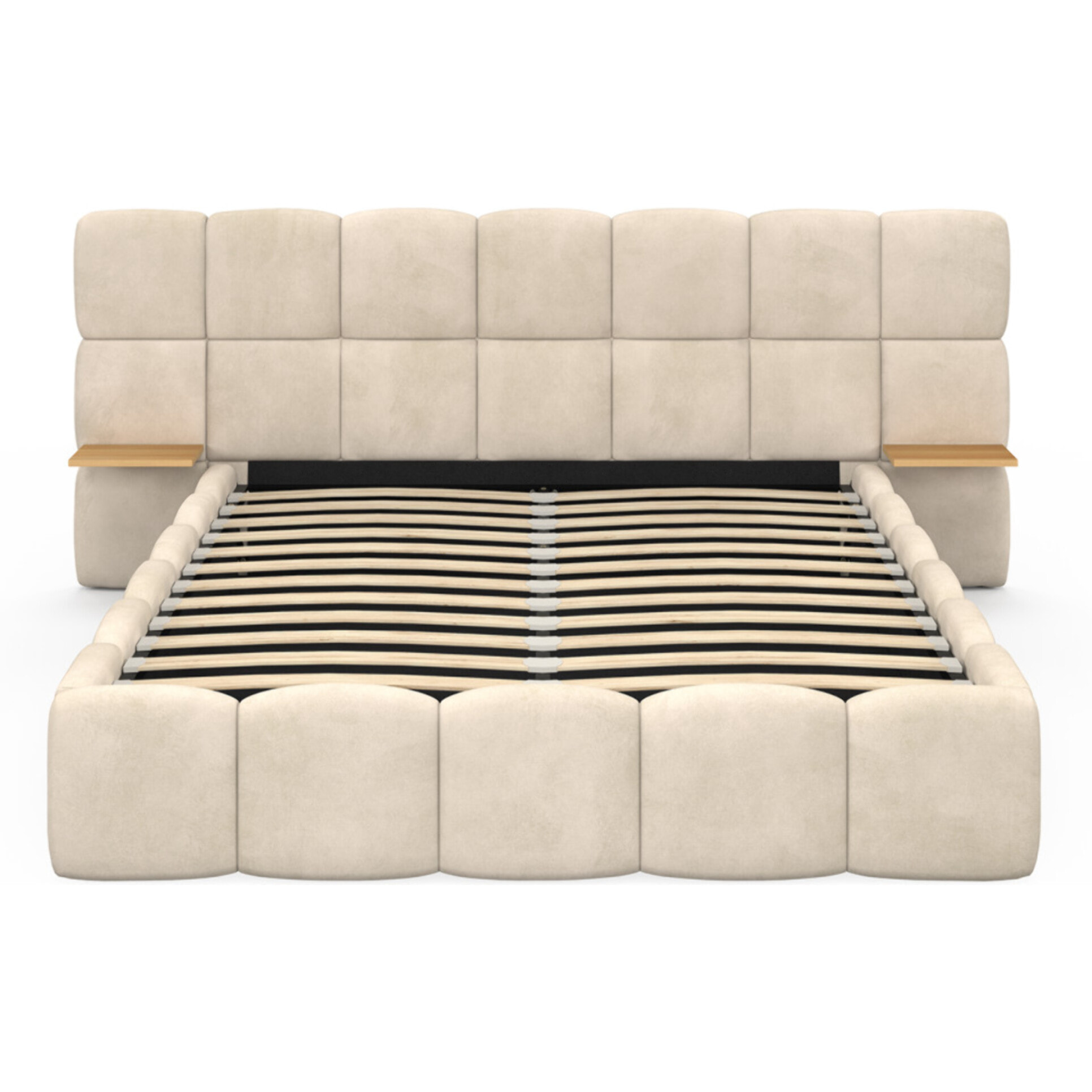 Lit coffre Bubble 140x190cm velours beige chevets intégrés