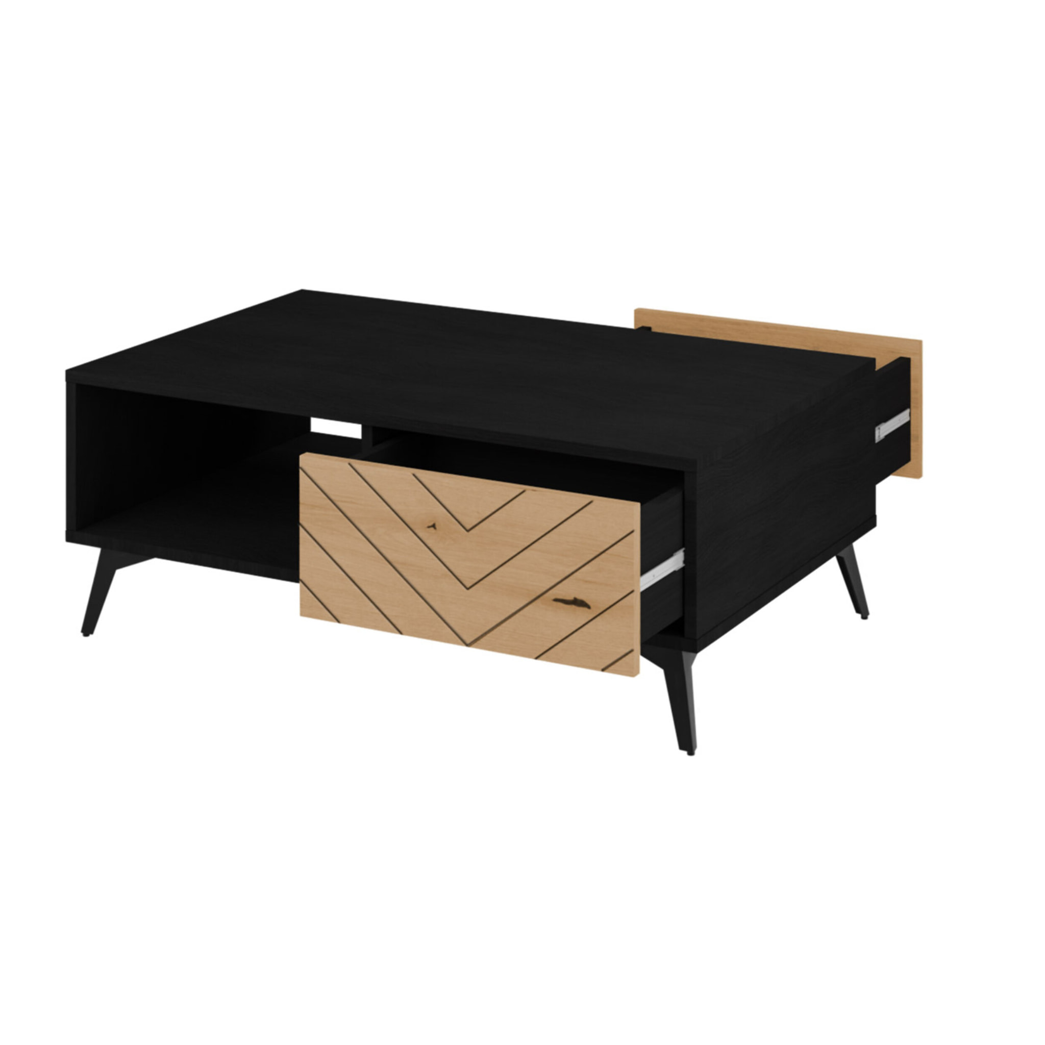 Peter - table basse - effet bois et noir - 2 tiroirs et 1 niche - 104 cm - Bois / Noir