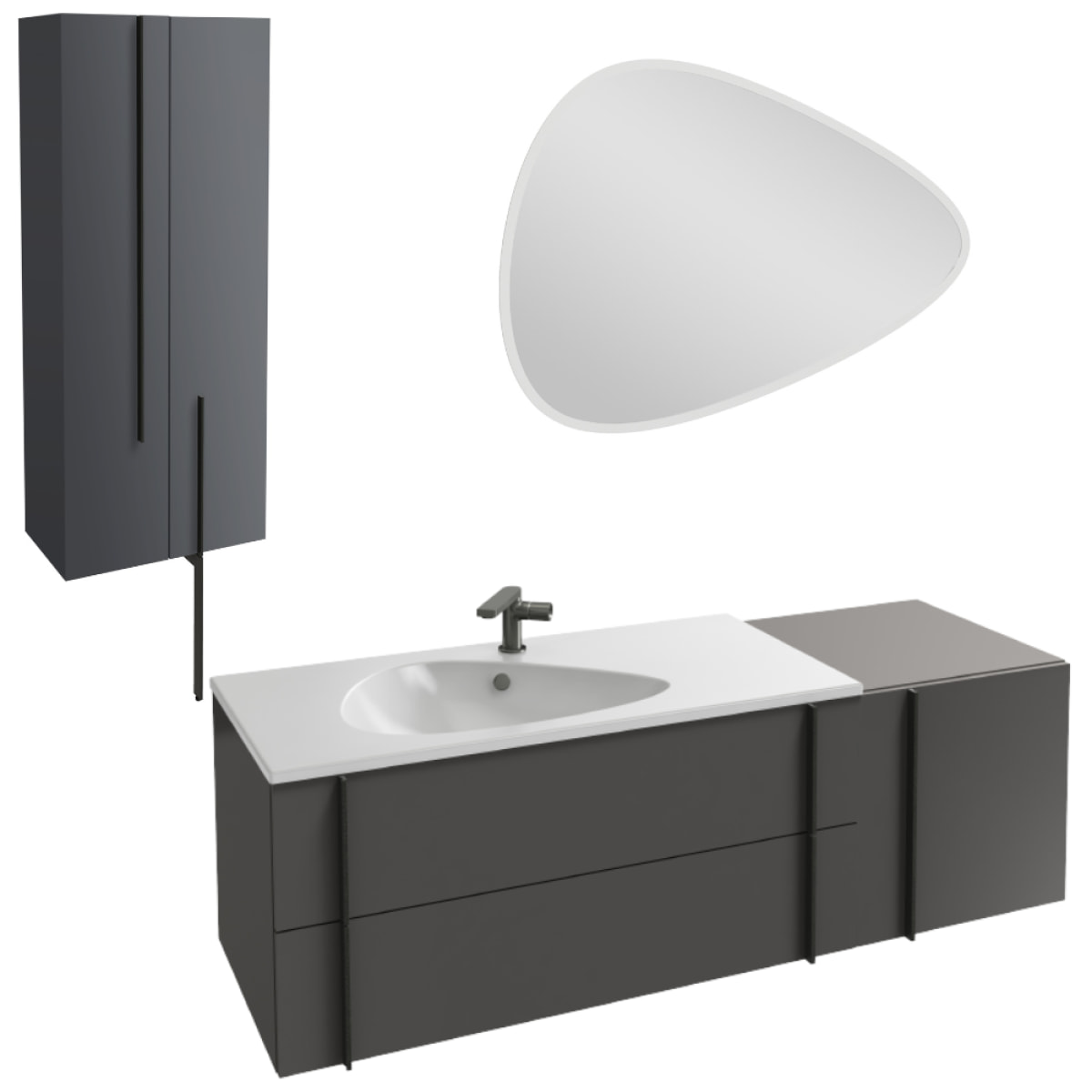 Meuble vasque 145 cm Nouvelle Vague gris brillant + tiroir rack + colonne 2 portes + miroir