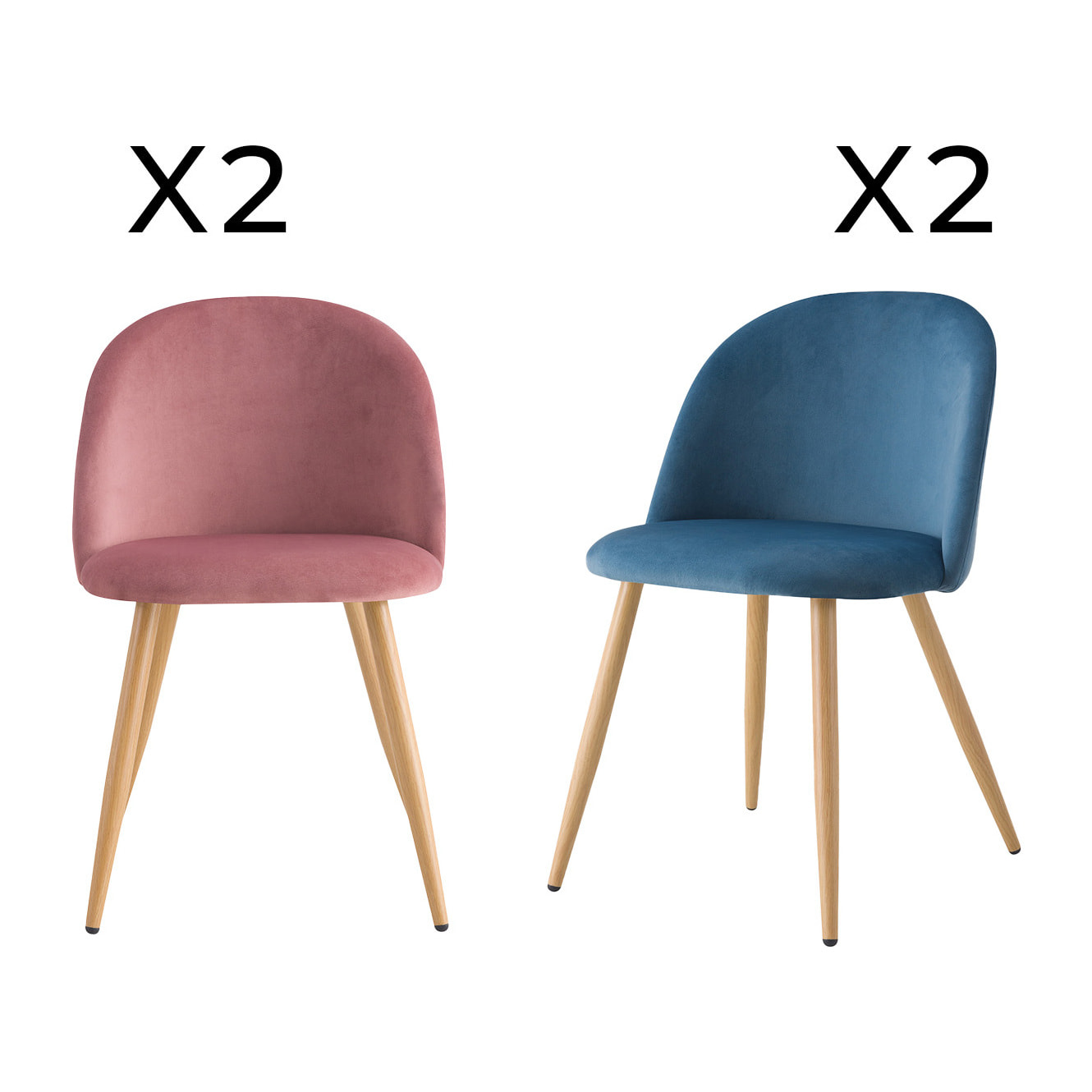 Pack 4 chaises Cosy en velours bleu et rose