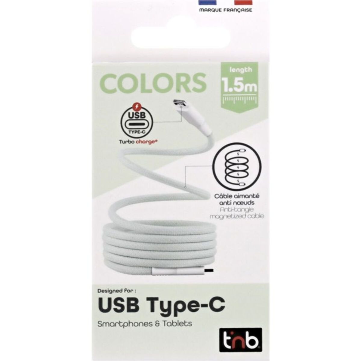 Câble de charge TNB USB-C/USB-C 1.5m gaine aimantée vert