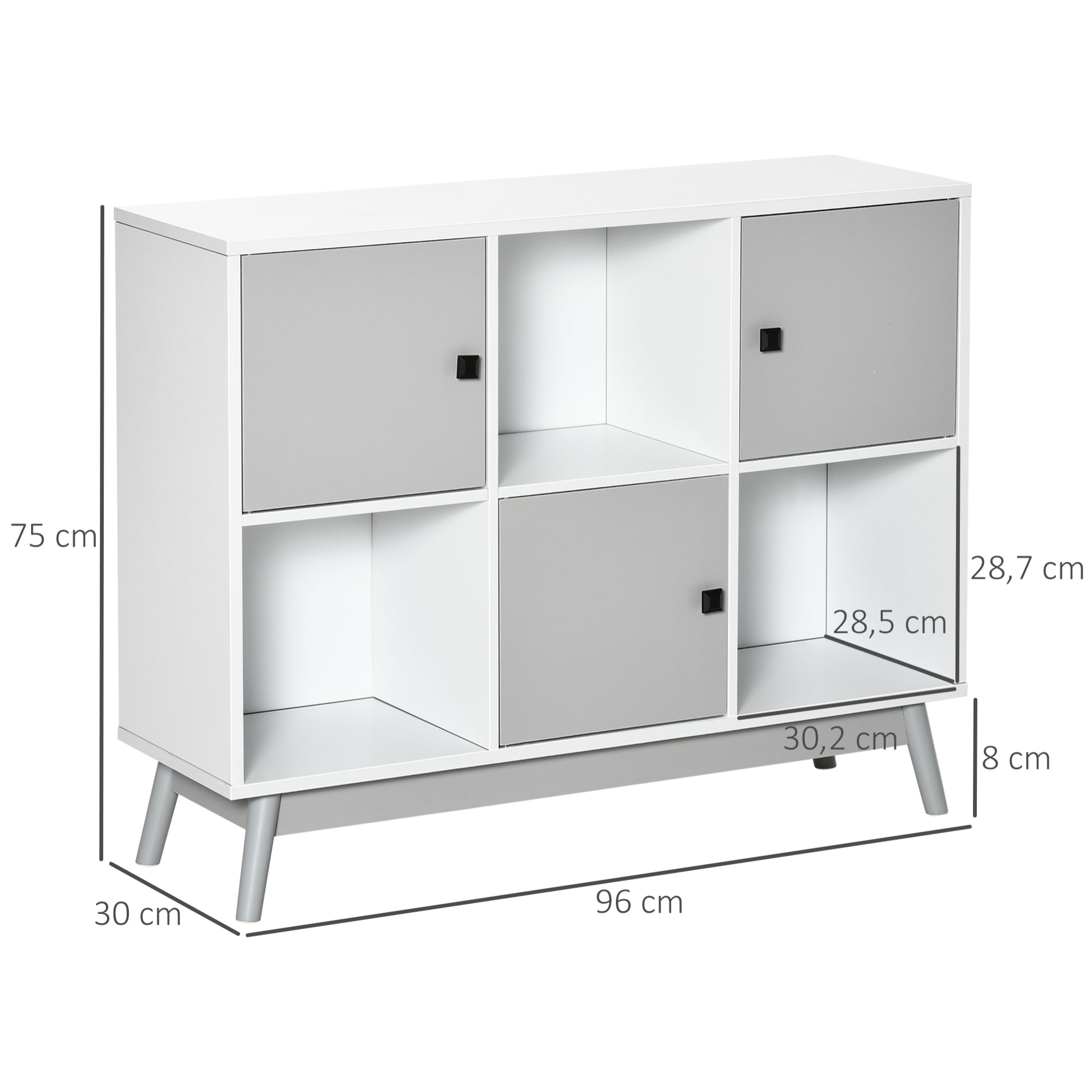 Bibliothèque meuble de rangement design scandinave 3 niches 3 portes panneaux particules blanc gris