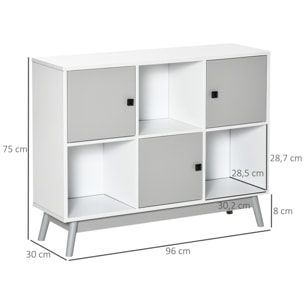 Bibliothèque meuble de rangement design scandinave 3 niches 3 portes panneaux particules blanc gris