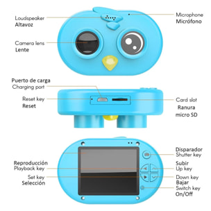 Cámara de fotos y videos para niños diseño pajarito. Full HD1080 y 12 megapíxeles