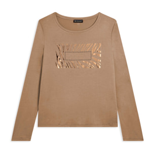 T-shirt donna manica lunga con logo strass