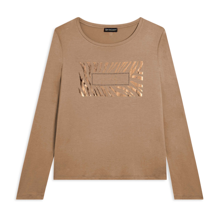 T-shirt donna manica lunga con logo strass