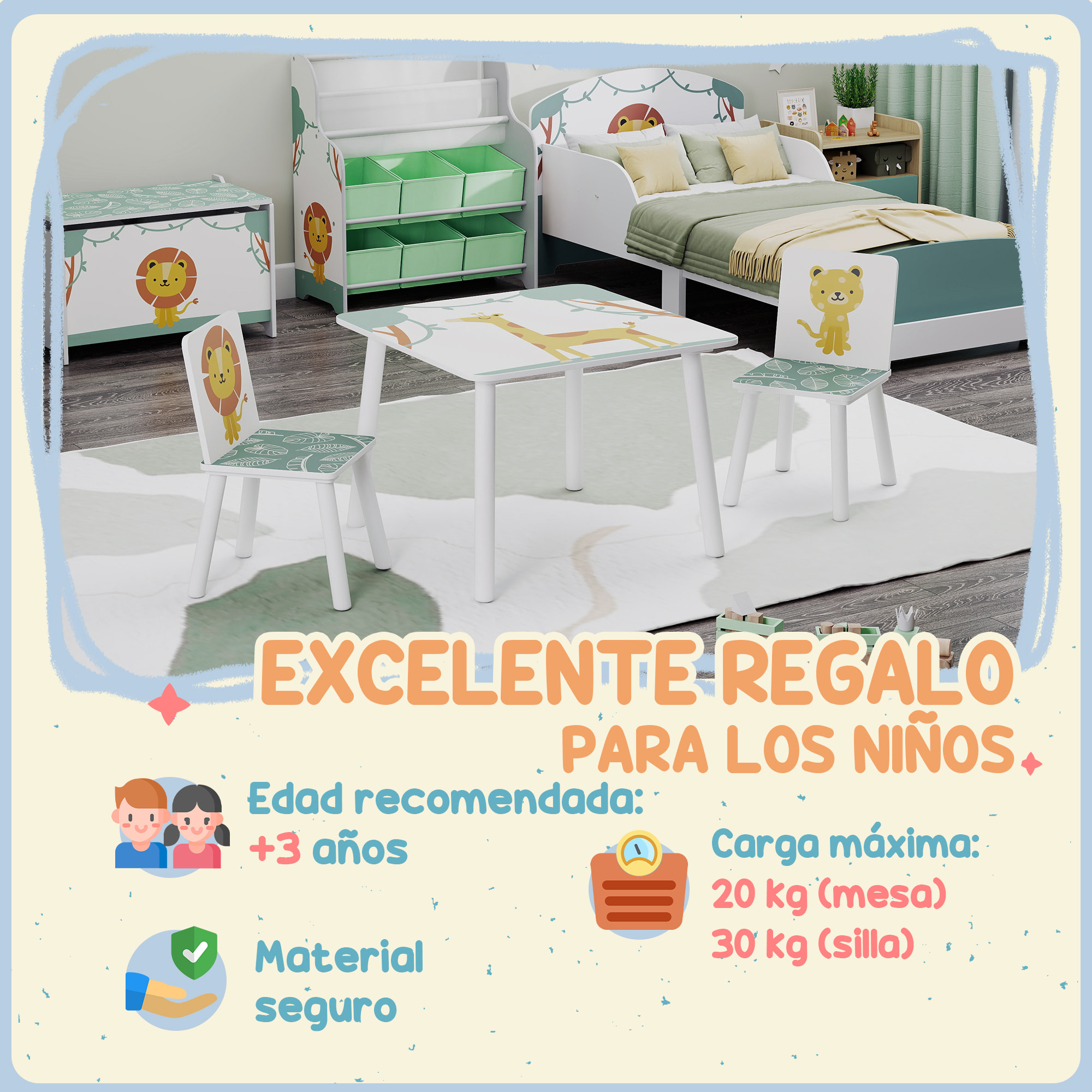 Mesa y Sillas Infantiles de 3 Piezas, Mesa Infantil con 2 Sillas de Madera de Pino, Juego de Muebles con Dibujos de Leones para niños de +3 Años, para Dormitorio, Sala de Juegos, Verde