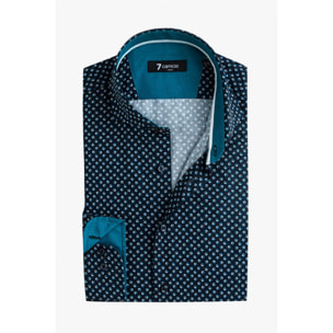 Camicia Uomo 1 Bottone Francese Slim Popeline Stampato Blu/Turchese
