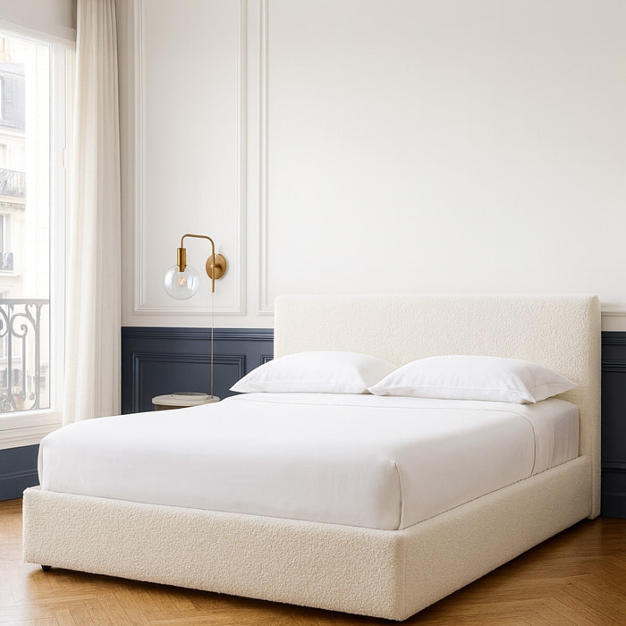 Lit coffre avec tête de lit en tissu bouclé - TINA