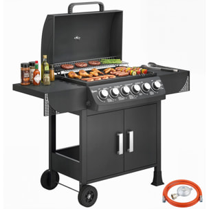 Barbacoa de Gas BBQ Gas con 6 Quemadores 15 kW, Barbacoa Portátil con Termómetro, Mesas Laterales, Armario, Rejilla Calentadora, Parrilla, Recogedor de Grasa, 2 Ruedas y Tapa, Negro