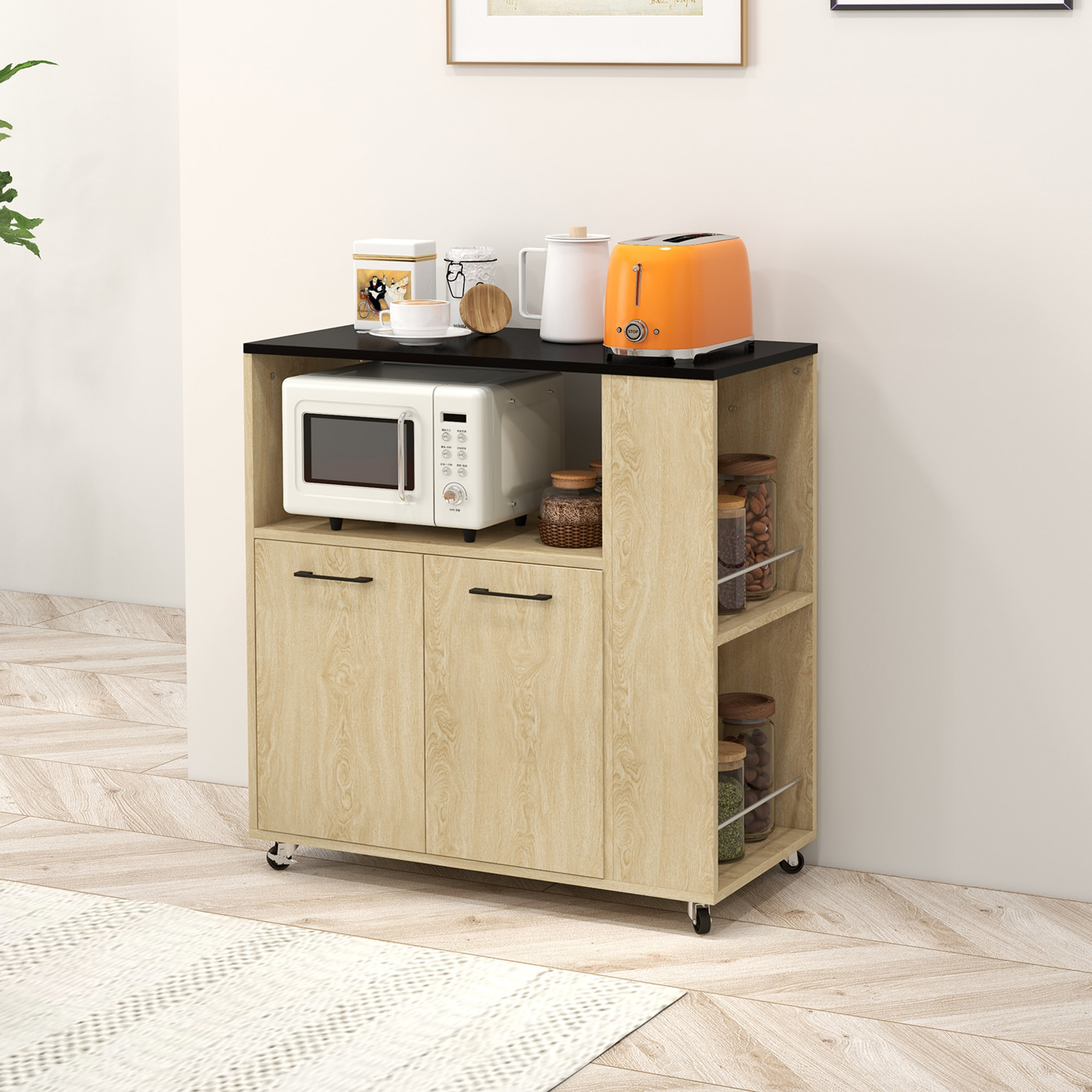 Carrito Auxiliar con Ruedas, Carrito de Cocina con 2 Puertas, Estante Ajustable, Especieros, para Comedor, 75x40x80,5 cm, Natural