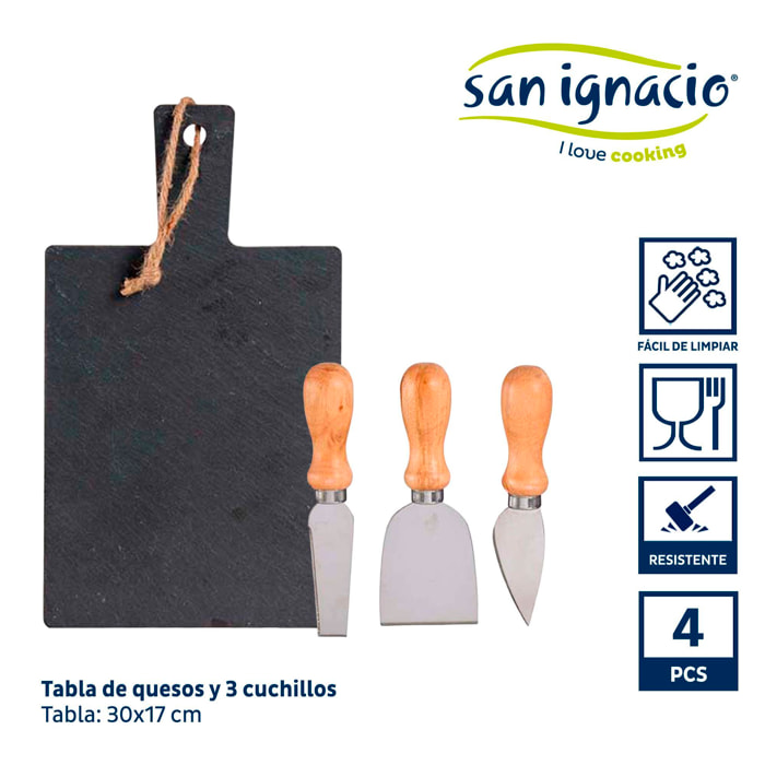 Tabla quesos pizarra con 3 cuchillos colección kinvara