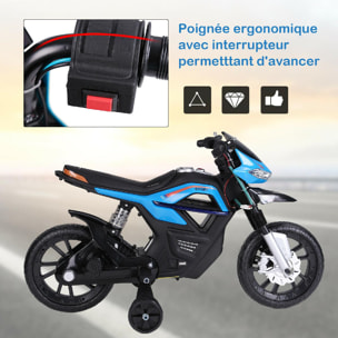 Moto électrique pour enfants 25 W 6 V 3 Km/h effets lumineux et sonores roulettes amovibles bleu