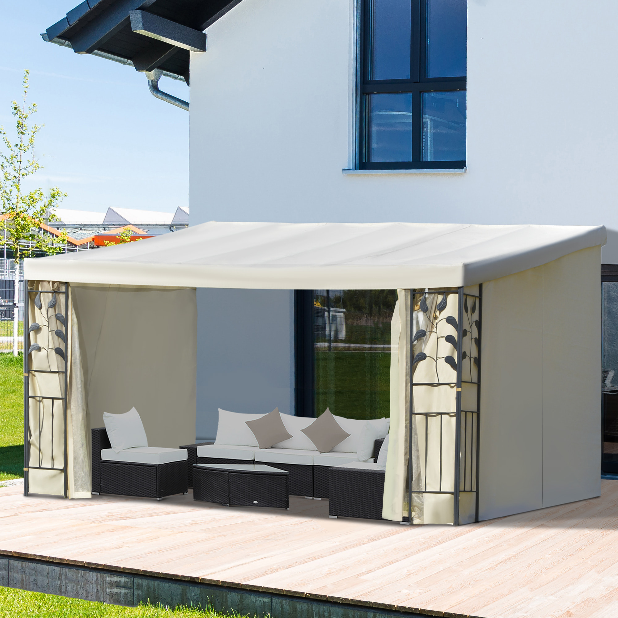 Pergola adossable polyester haute densité moustiquaires crème métal époxy gris